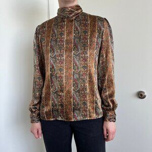 Nicola Vintage High Neck Brown Multi Paisley Long Sleeve Shirt